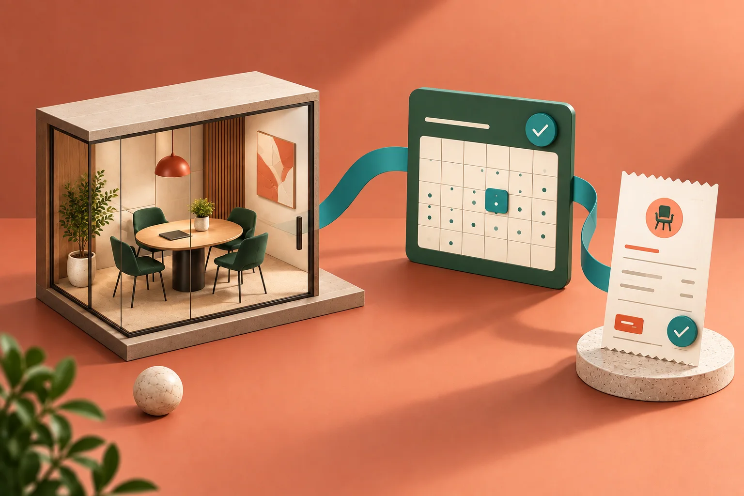 Concept illustration: Meeting room connected to a booking calendar and payment receipt