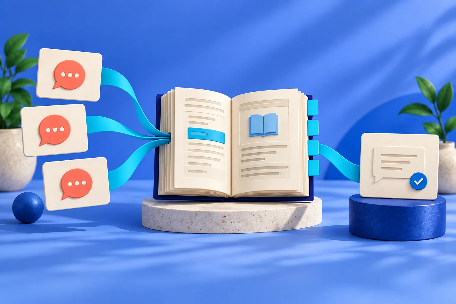 Concept illustration: Customer questions connected to a reference book and a prepared reply