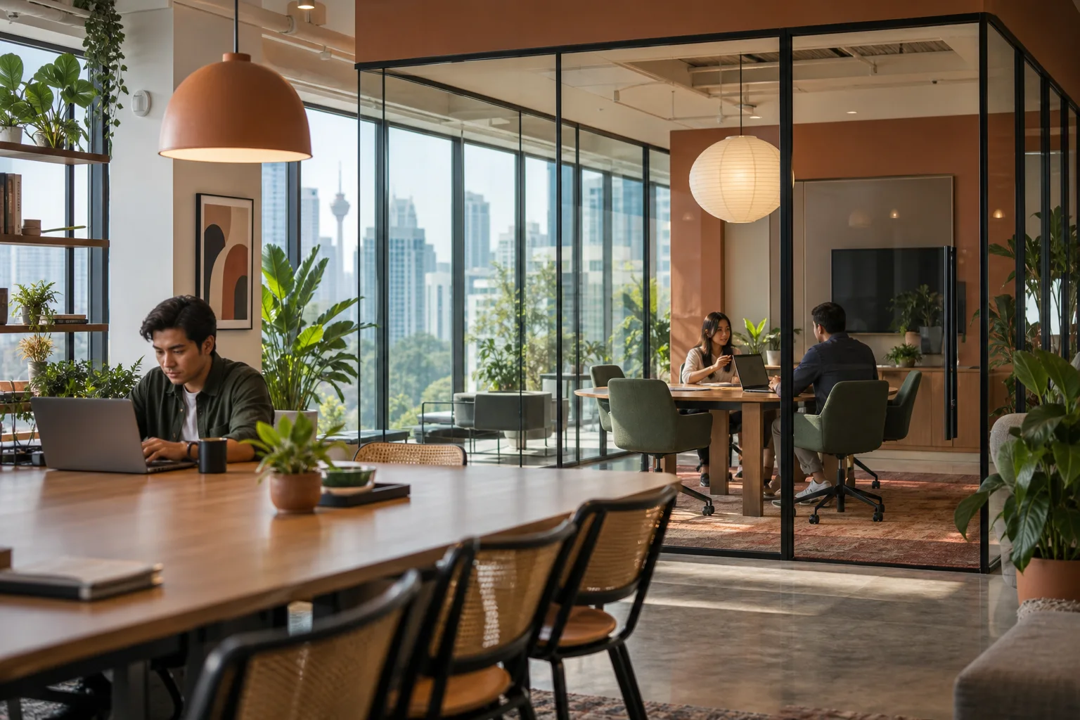 Shared workspace with meeting areas and communal seating